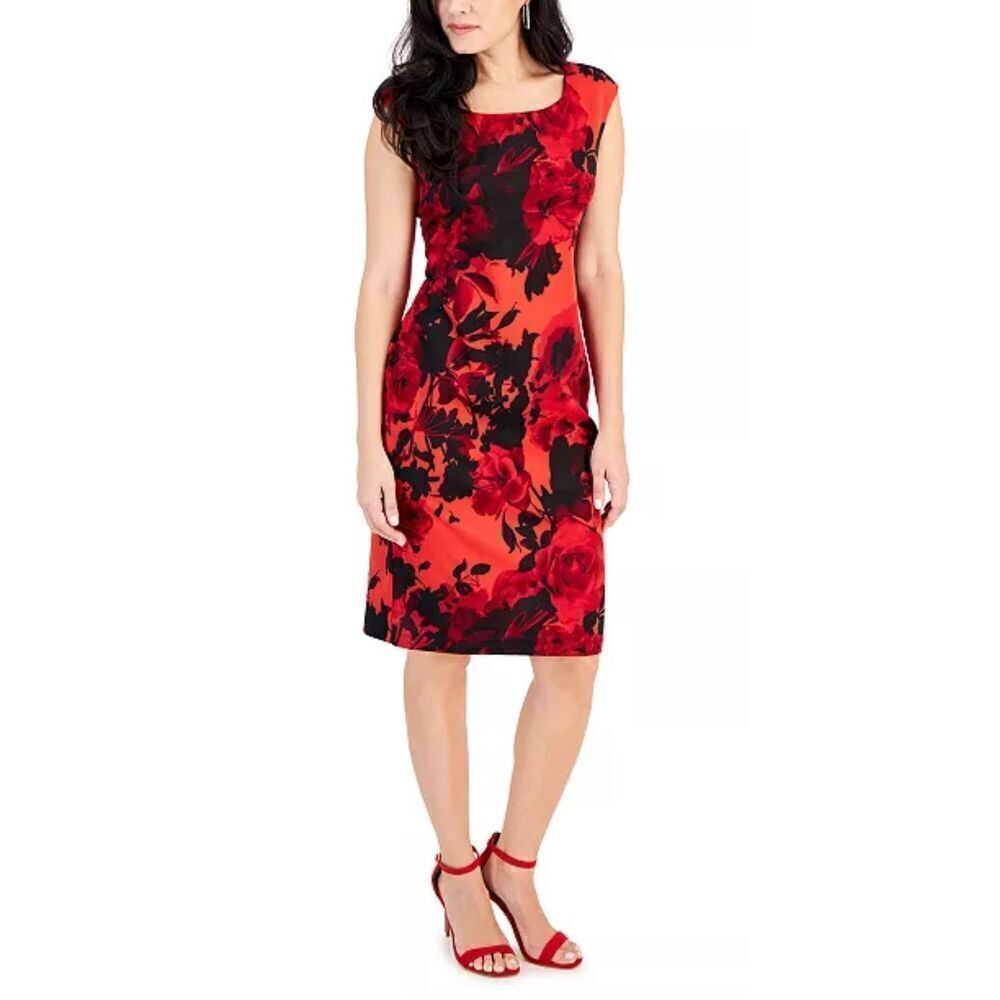 Red Floral Cap-Sleeve Sheath Dress
